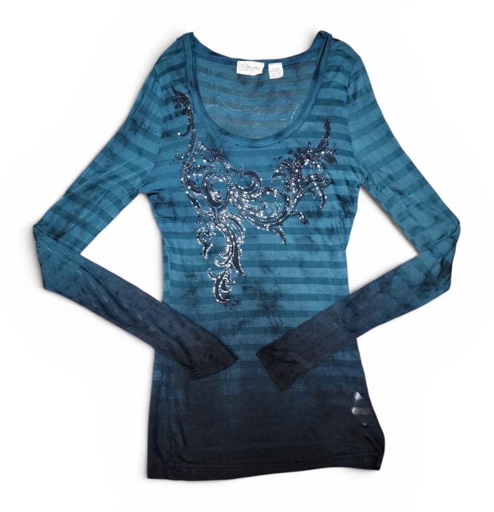 Miss Me Women's Large L Long-Sleeve Green Y2K Sheer Embellished Grunge Bling Top
